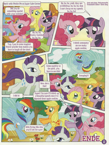 Size: 796x1055 | Tagged: safe, derpibooru import, applejack, fluttershy, pinkie pie, rainbow dash, rarity, twilight sparkle, earth pony, pegasus, unicorn, g4, comic, cookie, drugs, food, horn, image, jpeg, mane six, official comic, translation