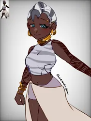 Size: 3072x4096 | Tagged: safe, artist:metaruscarlet, derpibooru import, zecora, human, g4, blushing, bracelet, choker, clothes, ear piercing, earring, eyebrow piercing, humanized, image, jewelry, piercing, png, redraw, shaved head, simple background, solo, tattoo