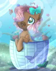 Size: 857x1080 | Tagged: safe, artist:auroracursed, derpibooru import, oc, unofficial characters only, butterfly, earth pony, insect, pony, ahoge, basket, bow, brown coat, colored muzzle, colored pinnae, cute, ear fluff, facial markings, female, flower, grass, hair bow, hair over one eye, half body, image, mare, ocbetes, open mouth, open smile, png, shiny mane, shrub, smiling, solo, sparkly mane, wide eyes