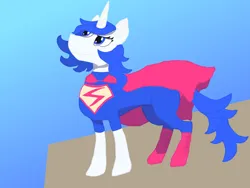 Size: 2048x1536 | Tagged: safe, artist:silverfishv9, derpibooru import, oc, oc:azure star (silverfishv9), unofficial characters only, pony, unicorn, blue eyes, blue mane, cape, clothes, cosplay, costume, dc comics, female, gradient background, horn, image, jpeg, mare, superman, supermare, unicorn oc, white coat