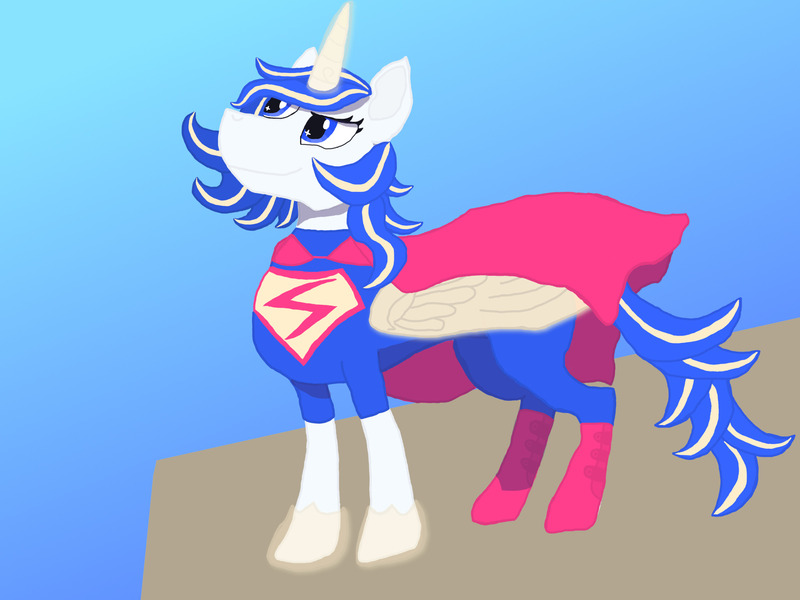 Size: 2048x1536 | Tagged: safe, artist:silverfishv9, derpibooru import, oc, oc:azure star (silverfishv9), unofficial characters only, alicorn, pony, unicorn, alicornified, artificial horn, artificial wings, augmented, blue eyes, blue mane, cape, clothes, cosplay, costume, dc comics, female, gradient background, horn, image, jpeg, magic, magic horn, magic wings, mare, race swap, superman, supermare, unicorn oc, white coat, wings