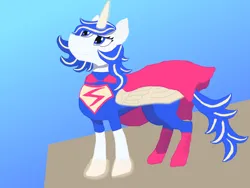 Size: 2048x1536 | Tagged: safe, artist:silverfishv9, derpibooru import, oc, oc:azure star (silverfishv9), unofficial characters only, alicorn, pony, unicorn, alicornified, artificial horn, artificial wings, augmented, blue eyes, blue mane, cape, clothes, cosplay, costume, dc comics, female, gradient background, horn, image, jpeg, magic, magic horn, magic wings, mare, race swap, superman, supermare, unicorn oc, white coat, wings