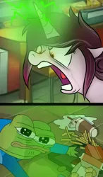 Size: 700x1200 | Tagged: safe, artist:pizzamovies, derpibooru import, oc, oc:rosa maledicta, unofficial characters only, pony, unicorn, equestria at war mod, crying, female, horn, image, magic, magic aura, mare, meme, pepe the frog, png, this will end in death, this will end in tears, this will end in tears and/or death, yelling