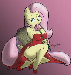 Size: 872x916 | Tagged: suggestive, artist:theburningdonut, derpibooru import, fluttershy, anthro, pegasus, g4, bedroom eyes, breasts, cleavage, clothes, dress, evening dress, eyelashes, female, flower, gradient background, green eyes, high heels, image, jpeg, looking at you, pink hair, pink tail, pinup, red dress, rose, see-through, see-through shirt, shoes, sitting, solo, tail, yellow coat