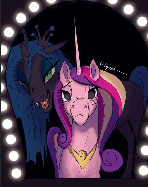 Size: 957x1208 | Tagged: safe, artist:calaphort, derpibooru import, princess cadance, queen chrysalis, alicorn, changeling, changeling queen, pony, g4, cadalis, duo, duo female, evil grin, fangs, female, grin, horn, image, infidelity, jpeg, lesbian, lidded eyes, looking at mirror, mare, mirror, open mouth, open smile, peytral, shipping, signature, smiling