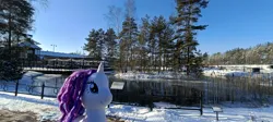 Size: 3264x1464 | Tagged: safe, artist:kuba18i, derpibooru import, rarity, pony, unicorn, g4, female, horn, image, irl, jpeg, mall, outdoors, photo, plushie, poland, pond, ponies around the world, ponies in real life, pony plushie, snow, solo, solo female, sosnowiec, tree, water