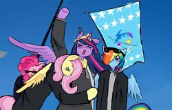 Size: 1902x1221 | Tagged: safe, artist:poniesinmyhead, derpibooru import, fluttershy, pinkie pie, rainbow dash, twilight sparkle, flag of equestria, image, implied donald trump, jpeg, raised hoof, secret service, sunglasses, trump assassination attempt