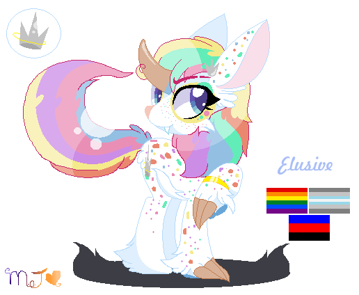 Size: 516x424 | Tagged: safe, artist:nightlightapocalypse, artist:selenaede, derpibooru import, oc, oc:elusive, unofficial characters only, original species, base used, big ears, blue eyes, body freckles, claws, curved horn, demiboy pride flag, ear freckles, eyebrow slit, eyebrows, eyeshadow, fangs, freckles, gay pride flag, horn, image, leg fluff, leg freckles, makeup, multicolored hair, png, polyamory pride flag, pride, pride flag, rainbow hair, raised claw, simple background, solo, transparent background, turned head