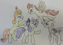 Size: 1024x743 | Tagged: safe, derpibooru import, cream puff, pound cake, pumpkin cake, oc, oc:crescent, alicorn, earth pony, pegasus, pony, unicorn, g4, bow, brother and sister, cake twins, colt, creambetes, cute, female, filly, foal, group, horn, image, jpeg, male, ocbetes, older, older cream puff, older pound cake, older pumpkin cake, poundabetes, pumpkinbetes, quartet, siblings, traditional art, twins