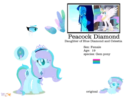 Size: 900x705 | Tagged: safe, artist:nightlightapocalypse, artist:selenaede, derpibooru import, princess celestia, oc, oc:peacock diamond, alicorn, pony, alicorn oc, baby, baby pony, base used, blue diamond (steven universe), colored wings, crack ship offspring, crack shipping, crossover, crossover ship offspring, crossover shipping, crossverse (nightlightapocalypse), diamond pupils, eyeshadow, female, gem (race), horn, image, jewelry, magical lesbian spawn, makeup, mare, multicolored wings, offspring, pacifier, png, polysexual pride flag, pride, pride flag, shipping, simple background, sparkly wings, steven universe, teal eyes, tiara, transparent background, wings