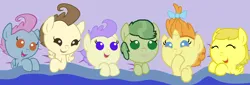 Size: 4496x1536 | Tagged: safe, artist:3d4d, derpibooru import, apple bud, cream puff, pound cake, pumpkin cake, shining star, oc, oc:lantana, earth pony, pegasus, pony, unicorn, g4, baby, baby pony, budbetes, colt, creambetes, cute, female, filly, foal, group, horn, image, male, ocbetes, png, poundabetes, pumpkinbetes