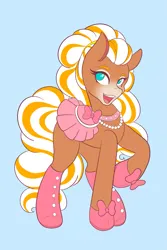 Size: 1365x2048 | Tagged: safe, artist:mscolorsplash, derpibooru import, horse, pony, beauty mark, bow, cherie (wild manes), choker, female, hoof shoes, image, jewelry, light blue background, mare, necklace, open mouth, open smile, png, raised hoof, saddle, simple background, smiling, solo, tack, tail, wild manes