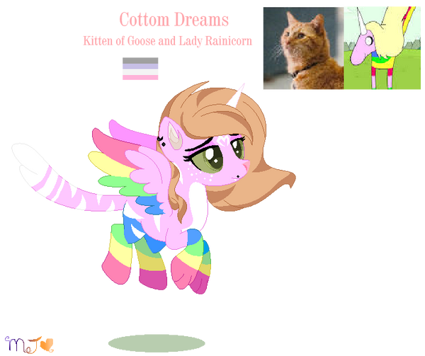 Size: 600x503 | Tagged: safe, artist:nightlightapocalypse, artist:selenaede, derpibooru import, oc, oc:cotton dreams, alicorn, cat, cat pony, hybrid, original species, adventure time, alternate design, cat nose, cat tail, coat markings, colored horn, colored pinnae, colored wings, crack ship offspring, crack shipping, crossover, crossover ship offspring, crossover shipping, cupiosexual pride flag, ear piercing, earring, facial markings, fangs, female, flying, freckles, goose (marvel), green sclera, hazel eyes, horn, image, jewelry, lady rainicorn, male, misspelling, multicolored wings, offspring, pale belly, parent:goose (marvel), parent:lad, paws, piercing, png, pride flag, quadrupedal, rainbow wings, rainicorn, shipping, simple background, spread wings, star (coat marking), striped tail, tail, transparent background, twitterina design, wings