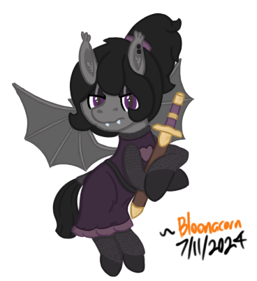 Size: 368x402 | Tagged: safe, artist:bloonacorn, derpibooru import, oc, unofficial characters only, bat pony, armor, bat pony oc, bat wings, chainmail, clothes, dress, ear piercing, image, piercing, png, ponytail, simple background, sword, transparent background, weapon, wings