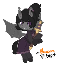 Size: 368x402 | Tagged: safe, artist:bloonacorn, derpibooru import, oc, unofficial characters only, bat pony, armor, bat pony oc, bat wings, chainmail, clothes, dress, ear piercing, image, piercing, png, ponytail, simple background, sword, transparent background, weapon, wings