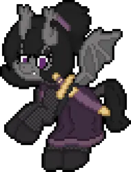 Size: 504x664 | Tagged: safe, artist:bloonacorn, derpibooru import, oc, unofficial characters only, bat pony, armor, bat pony oc, bat wings, chainmail, digital art, ear piercing, flying, image, piercing, pixel art, png, ponytail, simple background, sword, transparent background, weapon, wings