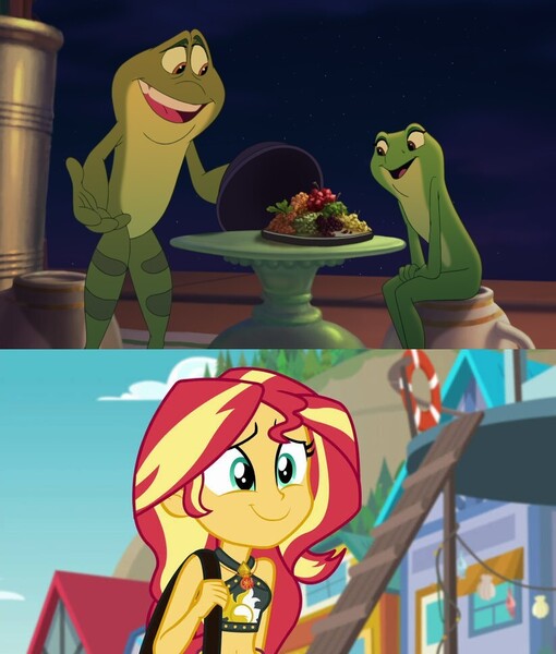 Size: 824x970 | Tagged: safe, derpibooru import, edit, edited screencap, editor:questphillips, screencap, sunset shimmer, frog, human, equestria girls, g4, crossover, disney, disney princess, equestria girls specials, food, image, jpeg, love, my little pony equestria girls: better together, my little pony equestria girls: forgotten friendship, naveen, prince naveen, princess tiana, smiling, sunset shimmer's beach shorts swimsuit, the princess and the frog, tiana