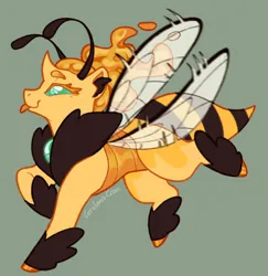 Size: 1318x1354 | Tagged: safe, artist:cerulean-crow, derpibooru import, oc, oc:humble bee, unofficial characters only, bee, beeling, changeling, insect, changeling oc, flapping wings, green background, image, jpeg, simple background, solo, tongue out, wings