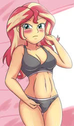 Size: 1687x2854 | Tagged: suggestive, artist:sumin6301, derpibooru import, sunset shimmer, human, equestria girls, g4, belly, belly button, blushing, breasts, busty sunset shimmer, clothes, female, high res, image, png, solo, solo female, underwear