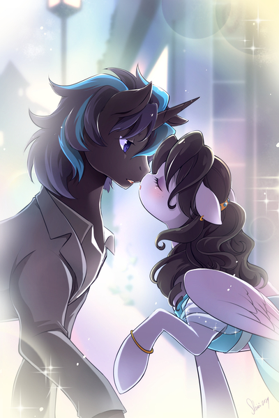 Size: 3600x5400 | Tagged: safe, artist:nekoshiei, derpibooru import, oc, oc:magic barrier, oc:tail, unofficial characters only, pegasus, pony, unicorn, fanfic:no longer displaced, clothes, couple, dress, female, horn, image, imminent kissing, jpeg, male, mare, no source available, romance, stallion