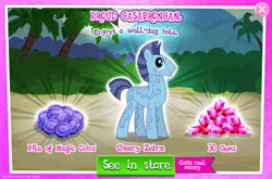 Size: 1965x1297 | Tagged: safe, derpibooru import, idw, official, pony, zebra, g4, advertisement, coat markings, costs real money, english, gameloft, gem, idw showified, image, introduction card, jpeg, magic coins, male, mobile game, my little pony: magic princess, numbers, stallion, swirls, swirly markings, text, zahid