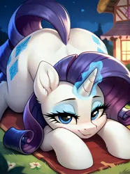 Size: 2969x4000 | Tagged: safe, ai content, derpibooru import, machine learning generated, prompter:thelight3d, stable diffusion, rarity, pony, unicorn, g4, both cutie marks, butt, face down ass up, generator:pony diffusion v6 xl, glow, glowing horn, horn, image, jpeg, looking at you, lying down, magic, prone, rearity, smiling, smiling at you, solo