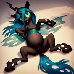 Size: 1024x1024 | Tagged: safe, ai content, derpibooru import, machine learning assisted, machine learning generated, prompter:jaguarcalamitydejv, queen chrysalis, changeling, pony, g4, belly, big belly, female, floor, holes, horn, image, jpeg, lying, lying down, lying on the floor, mare, on floor, quee, solo, wings