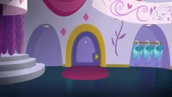 Size: 1000x563 | Tagged: safe, derpibooru import, screencap, canterlot boutique, g4, season 5, banner, canterlot carousel, clothes, curtains, door, dress, image, interior, no pony, png, reign in stain, rug, sewing room, the princess dress