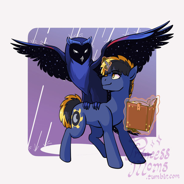 Size: 2166x2166 | Tagged: safe, artist:overlordneon, derpibooru import, owlowiscious, oc, oc:dusk eclipse, bird, original species, owl, pony, unicorn, adopted offspring, book, duo, duo male, glow, glowing horn, horn, image, jpeg, levitation, magic, magical lesbian spawn, male, offspring, parent:sunset shimmer, parent:twilight sparkle, parents:sunsetsparkle, rain, simple background, species swap, spread wings, stallion, telekinesis, white background, wing umbrella, wings