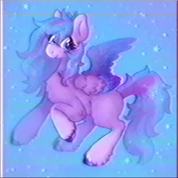 Size: 1500x1500 | Tagged: safe, artist:iridescentclaws, derpibooru import, oc, oc:lavender dawn, unofficial characters only, pegasus, pony, g4, blue background, female, glittery, gradient hooves, grainy, image, mare, pastel, png, purple fur, simple background, solo, sparkles, sparkling mane, sparkly, sparkly eyes, sparkly mane, sparkly tail, sparkly wings, stars, tail, unshorn fetlocks, vhs, wingding eyes, wings