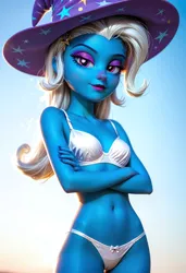 Size: 2496x3648 | Tagged: safe, machine learning generated, prompter:rkmisc, trixie, human, arms folded, blue skin, bra, clothes, hat, image, looking at you, makeup, panties, png, simple background, smiling at you, trixie's hat, underwear, white hair, white underwear