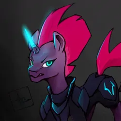 Size: 1200x1200 | Tagged: safe, artist:itxi_izalith, derpibooru import, tempest shadow, pony, unicorn, g4, angry, armor, artificial horn, augmented, broken horn, horn, image, jpeg, looking at you, magic, magic horn, solo