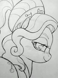 Size: 3072x4096 | Tagged: safe, artist:public mistake, derpibooru import, cherry jubilee, earth pony, pony, bedroom eyes, blushing, female, grayscale, image, jpeg, looking at you, looking back, looking back at you, mare, monochrome, pencil drawing, smiling, smiling at you, solo, traditional art, wip