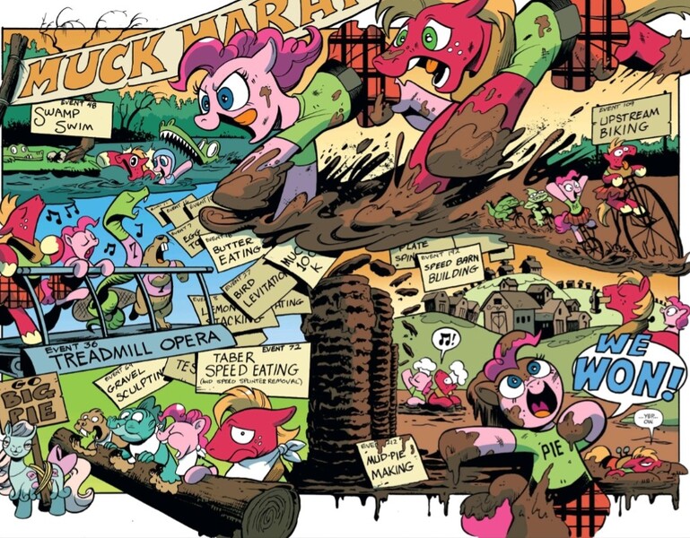 Size: 1013x790 | Tagged: safe, artist:andy price, derpibooru import, idw, big macintosh, cha cha, pinkie pie, alligator, beaver, earth pony, llama, pony, snake, g1, g4, my little pony: the movie, spoiler:comic, spoiler:comic76, bicycle, contest, event, food, image, jpeg, log, mud, muddy, official comic, penny-farthing, pie, riding, swimming, unicycle