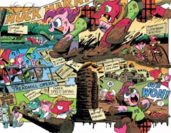 Size: 1013x790 | Tagged: safe, artist:andy price, derpibooru import, idw, big macintosh, cha cha, pinkie pie, alligator, beaver, earth pony, llama, pony, snake, g1, g4, my little pony: the movie, spoiler:comic, spoiler:comic76, bicycle, contest, event, food, image, jpeg, log, mud, muddy, official comic, penny-farthing, pie, riding, swimming, unicycle