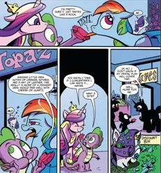 Size: 1021x1099 | Tagged: safe, artist:andy price, derpibooru import, idw, princess cadance, rainbow dash, rarity, spike, alicorn, dragon, pony, unicorn, g4, spoiler:comic, spoiler:comic77, crystal, gem, horn, image, jpeg, licking, official comic, tongue out