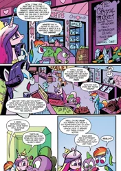 Size: 1016x1442 | Tagged: safe, artist:andy price, derpibooru import, idw, princess cadance, rainbow dash, rarity, spike, alicorn, dragon, pony, unicorn, g4, spoiler:comic, spoiler:comic77, gem, horn, image, jpeg, market, official comic, tongue out