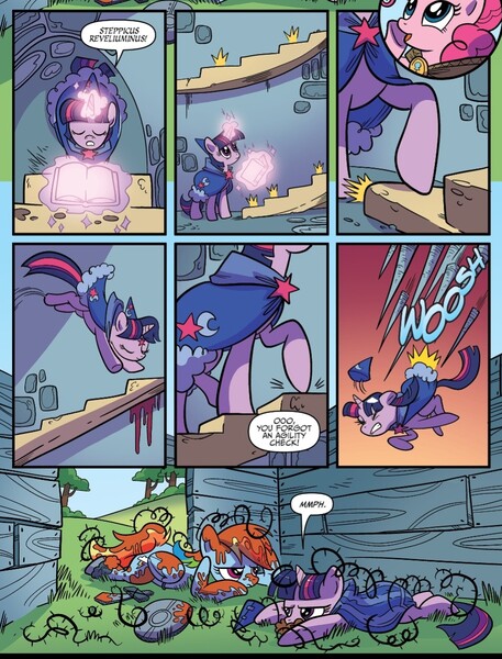 Size: 959x1259 | Tagged: safe, artist:kate sherron, derpibooru import, idw, pinkie pie, rainbow dash, twilight sparkle, alicorn, earth pony, pegasus, pony, g4, spoiler:comic, spoiler:comic80, image, jpeg, magic, male, official comic, spikes, stairs, telekinesis, trap, trapped