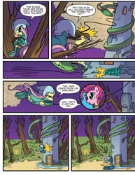 Size: 920x1191 | Tagged: safe, artist:kate sherron, derpibooru import, idw, fluttershy, pinkie pie, earth pony, pegasus, pony, g4, spoiler:comic, spoiler:comic80, crossbow, failure, falling, hitting, image, jpeg, lasso, mission failed, official comic, rope, weapon