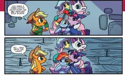 Size: 967x591 | Tagged: safe, artist:kate sherron, derpibooru import, idw, applejack, fluttershy, rainbow dash, rarity, twilight sparkle, alicorn, earth pony, pegasus, pony, unicorn, g4, spoiler:comic, spoiler:comic80, horn, hug, image, jpeg, official comic, unamused