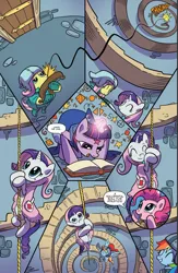 Size: 1014x1559 | Tagged: safe, artist:kate sherron, derpibooru import, idw, applejack, fluttershy, pinkie pie, rainbow dash, rarity, twilight sparkle, alicorn, earth pony, pegasus, pony, unicorn, g4, spoiler:comic, spoiler:comic80, book, crossbow, horn, image, jpeg, lasso, magic, official comic, rope, stairs, telekinesis, weapon