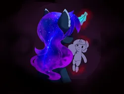 Size: 2084x1585 | Tagged: safe, artist:magnaluna, derpibooru import, princess celestia, princess luna, alicorn, pony, g4, curved horn, ethereal mane, female, glow, glowing horn, horn, image, jpeg, mare, solo, voodoo doll