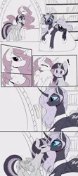 Size: 1600x3594 | Tagged: safe, artist:magnaluna, derpibooru import, princess celestia, princess luna, twilight sparkle, twilight sparkle (alicorn), alicorn, pony, g4, :o, book, bookshelf, cheek fluff, comic, curved horn, ear fluff, exclamation point, eyes closed, female, folded wings, grin, heart, hoof shoes, horn, image, indoors, kiss on the lips, kissing, lesbian, lying down, mare, open mouth, peytral, png, polyamory, princess shoes, prone, reading, ship:twilestia, ship:twiluna, ship:twilunestia, shipping, smiling, surprise kiss, tail, trio, trio female, wings