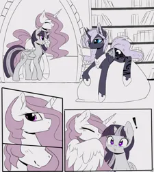 Size: 1600x1775 | Tagged: safe, artist:magnaluna, derpibooru import, princess celestia, princess luna, twilight sparkle, twilight sparkle (alicorn), alicorn, pony, g4, :o, book, bookshelf, cheek fluff, comic, curved horn, ear fluff, exclamation point, eyes closed, female, folded wings, grin, heart, hoof shoes, horn, image, indoors, jpeg, lesbian, lying down, mare, open mouth, peytral, polyamory, princess shoes, prone, reading, ship:twilestia, ship:twiluna, ship:twilunestia, shipping, smiling, tail, trio, trio female, wings