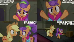 Size: 2000x1125 | Tagged: safe, derpibooru import, edit, edited screencap, editor:quoterific, screencap, applejack, plaid stripes, g4, the saddle row review, duo, duo female, female, image, png