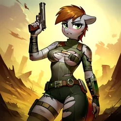 Size: 2400x2400 | Tagged: suggestive, ai content, derpibooru import, machine learning generated, prompter:infernum, stable diffusion, oc, oc:littlepip, unofficial characters only, anthro, unicorn, fallout equestria, armor, belt, clothes, generator:pony diffusion v6 xl, gun, horn, image, pants, pipbuck, png, ripped pants, ruins, torn clothes, weapon