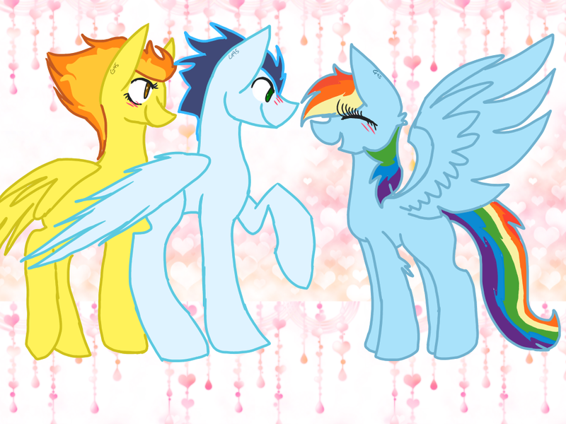 Size: 1024x768 | Tagged: safe, artist:georgina45, derpibooru import, rainbow dash, soarin', spitfire, pegasus, pony, g4, background, bisexual, blushing, cute, dashabetes, female, image, lesbian, male, png, polyamory, ship:soarindashfire, ship:soarinfire, ship:spitdash, shipping, soarindash, straight