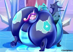 Size: 2283x1614 | Tagged: suggestive, artist:lilacnightmare, derpibooru import, part of a set, princess cadance, oc, oc:sektiss, unofficial characters only, changedling, changeling, pony, anal vore, belly, big belly, butt, changeling oc, fat, female, fetish, huge belly, huge butt, image, impossibly large belly, impossibly large butt, large butt, mass vore, non-pony oc, open mouth, png, vore