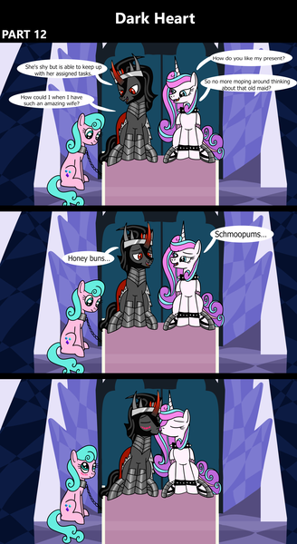 Size: 1920x3516 | Tagged: safe, artist:platinumdrop, derpibooru import, aquamarine, king sombra, princess flurry heart, alicorn, earth pony, pony, unicorn, comic:dark heart, g4, 3 panel comic, abuse, alternate timeline, armor, avoiding eye contact, blushing, bracelet, chains, collar, comic, commission, crystal, crystal castle, crystal empire, curved horn, dark crystal, dialogue, evil flurry heart, eyes closed, female, flurry heart is amused, folded wings, horn, husband and wife, image, indoors, kissing, looking at each other, looking at someone, looking away, looking down, lovey dovey, male, mare, nuzzling, older, older aquamarine, older flurry heart, png, romantic, sad, sad pony, ship:flurrybra, shipping, slave, slave collar, smiling, smug, smug smile, speech bubble, spiked collar, spiked wristband, stallion, straight, throne, throne room, victorious villain, wall of tags, wings, wristband