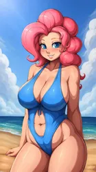 Size: 672x1200 | Tagged: suggestive, ai content, derpibooru import, machine learning generated, prompter:darkfire681, stable diffusion, pinkie pie, human, g4, beach, belly, belly button, big breasts, blue swimsuit, breasts, chubby, clothes, female, generator:easyfluff v11.2, humanized, image, leotard, light skin, navel cutout, ocean, one-piece swimsuit, outdoors, png, solo, swimsuit, thong leotard, water